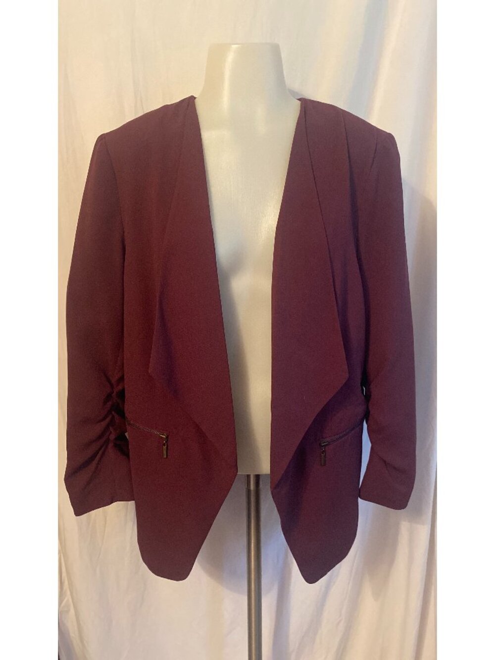 Apt. 9 Burgundy Drape Front Ruched Sleeves Open Blazer